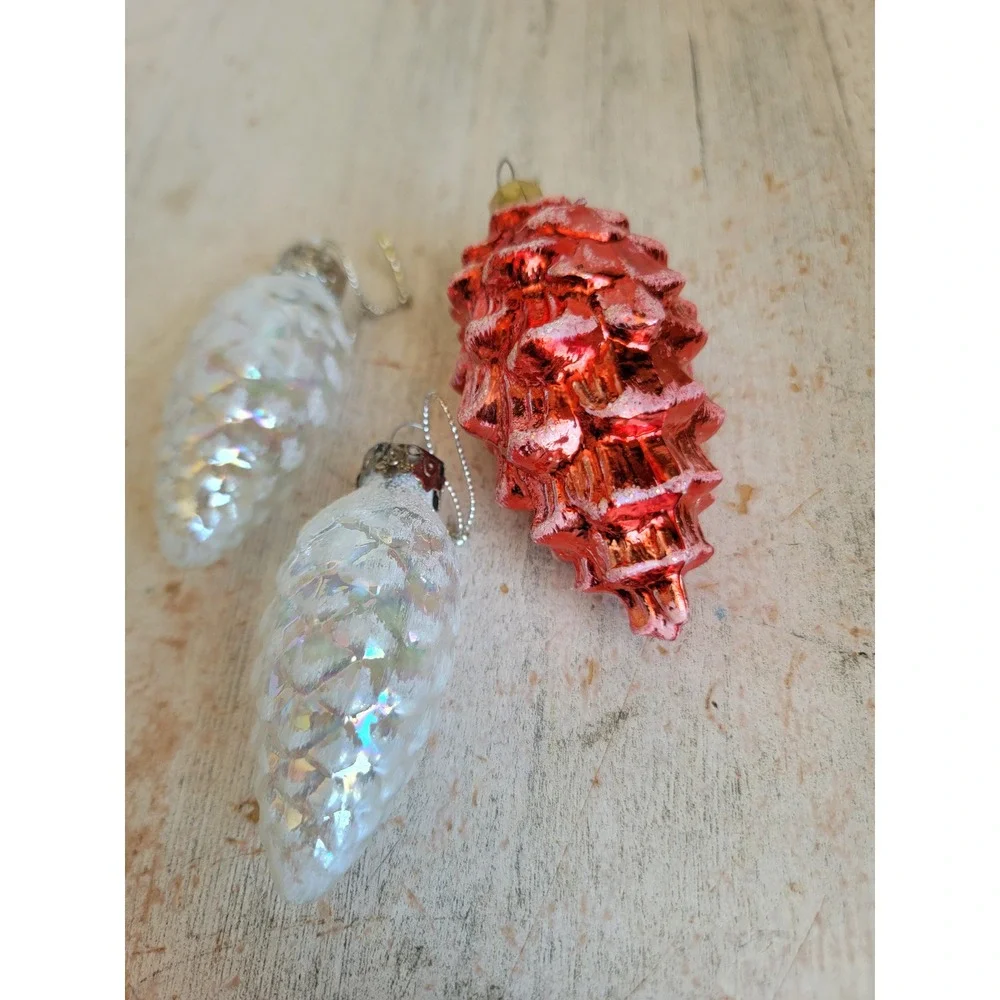 Vintage glass white clear red pinecone glitter ornament Xmas set mini home fall